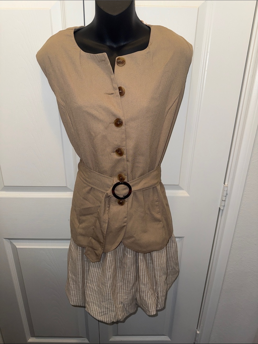 Good Luck Gem Sleeveless Tan Belted Mini Dress with Button Front